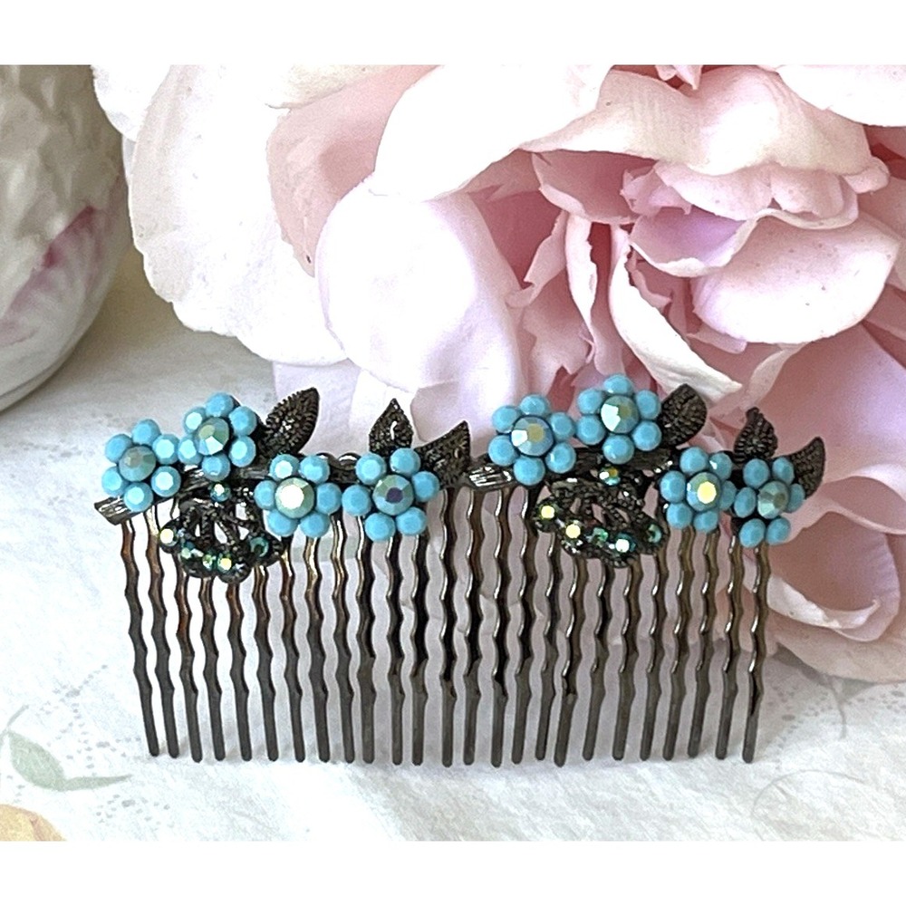 Vintage Handmade Faux Turquoise Blue Rhinestones Flowers Hair Comb Gunmetal Grey